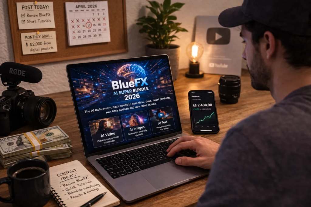 Product information: The BlueFX AI Super Bundle package on a laptop screen.